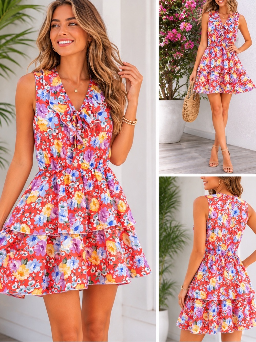Umgee Coral Floral Ruffle Sundress 19”ptp